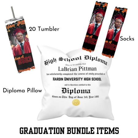 Personalized Graduation Bundle (Pair of Socks, 20oz tumbler, and Diploma Pillow)